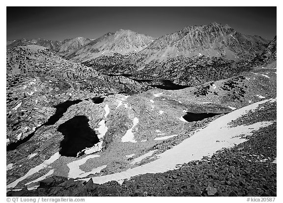 Rae Lakes basin from Glen Pass. Kings Canyon National Park (black and white)