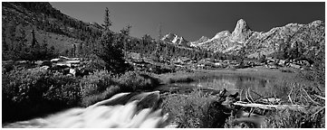 Clear cascading stream and peak. Kings Canyon  National Park (Panoramic black and white)