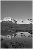 Palissades chain reflected in lake, Dusy Basin. Kings Canyon National Park, California, USA. (black and white)