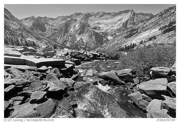 Stream plunging towards Le Conte Canyon. Kings Canyon National Park (black and white)