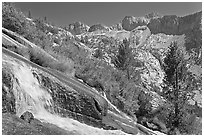 Waterfall, and mountains, Le Conte Canyon. Kings Canyon National Park, California, USA. (black and white)