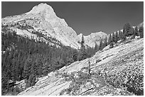 Granite slab and Langille Peak, Le Conte Canyon. Kings Canyon National Park, California, USA. (black and white)