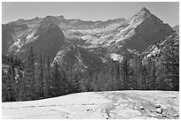 Granite slab, Langille Peak and the Citadel above Le Conte Canyon. Kings Canyon National Park, California, USA. (black and white)