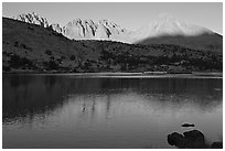 Palissades and Columbine Peak reflected in lake at sunset. Kings Canyon National Park, California, USA. (black and white)