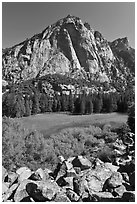 High granite walls above lush meadow. Kings Canyon National Park, California, USA. (black and white)