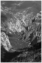 U-shaped valley from above, Cedar Grove. Kings Canyon National Park, California, USA. (black and white)