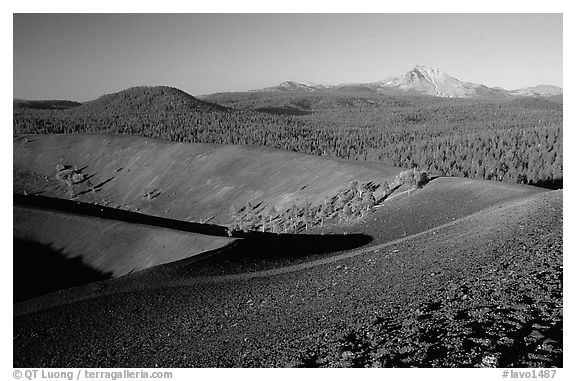 Cinder cone crater and Lassen Peak, early morning. Lassen Volcanic National Park (black and white)