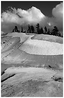 Colorful deposits in Bumpass Hell thermal area, early summer. Lassen Volcanic National Park, California, USA. (black and white)