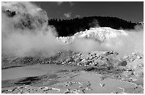Mud cauldrons and fumeroles in Bumpass Hell thermal area. Lassen Volcanic National Park, California, USA. (black and white)