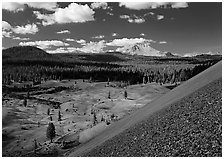 Painted dunes and Lassen Peak seen from Cinder cone slopes. Lassen Volcanic National Park, California, USA. (black and white)