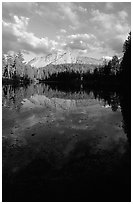 Reflection lake and Chaos Crags, sunset. Lassen Volcanic National Park, California, USA. (black and white)