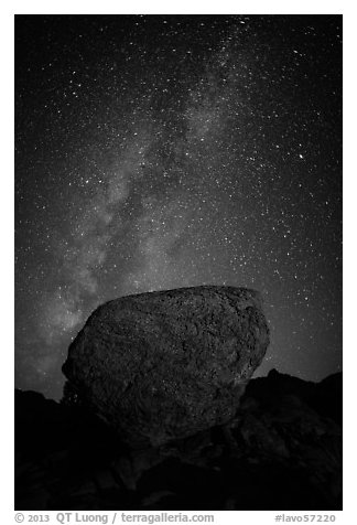 Glacial erratic boulder and Milky Way. Lassen Volcanic National Park (black and white)