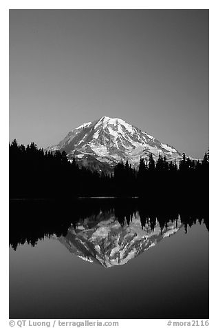 Mt Rainier reflected in Eunice Lake, afternoon. Mount Rainier National Park (black and white)