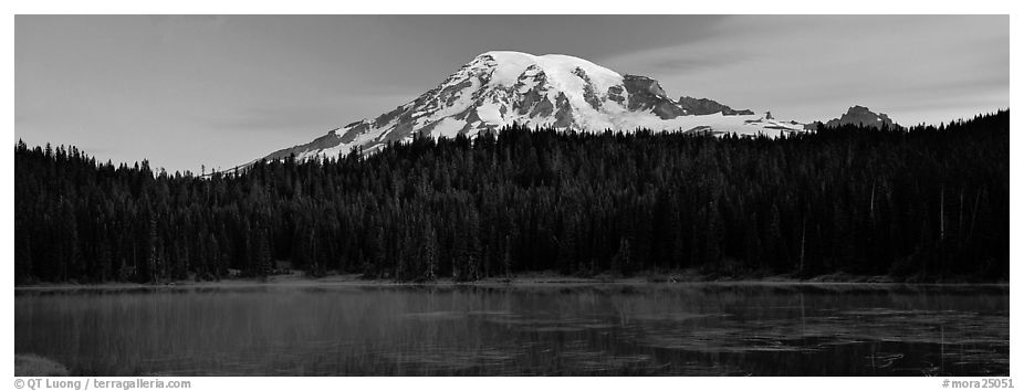 Lake, forest, and Mount Rainer at dawn. Mount Rainier National Park (black and white)