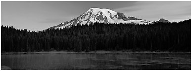 Lake, forest, and Mount Rainer at dawn. Mount Rainier National Park (Panoramic black and white)