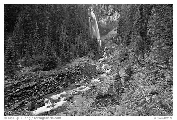 Comet Falls and Van Trump Creek. Mount Rainier National Park (black and white)