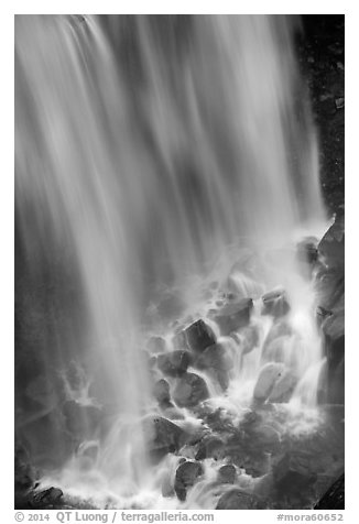 Water flowing at the base of Narada Falls. Mount Rainier National Park (black and white)
