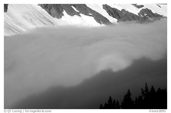 Sun projected on clouds filling Cascade River Valley,.  (black and white)