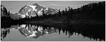 Lake with mountain reflection, North Cascades National Park.  (Panoramic black and white)