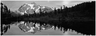 Mount Shuksan reflected in lake at sunset,  North Cascades National Park.  (Panoramic black and white)
