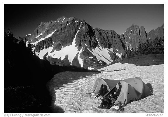 Camping on neve below Sahale Peak, North Cascades National Park.  (black and white)