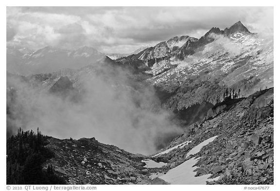 Mountains and clouds above South Fork of Cascade River, North Cascades National Park.  (black and white)