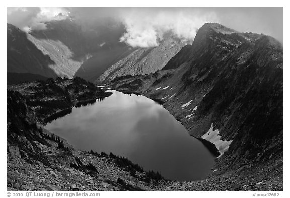 Hidden Lake and clouds, North Cascades National Park.  (black and white)