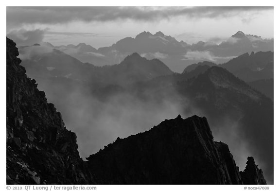 Receding mountain ridges, North Cascades National Park.  (black and white)