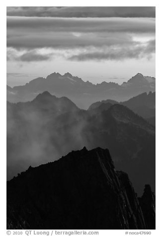 Jagged mountain ridges at sunset, North Cascades National Park.  (black and white)