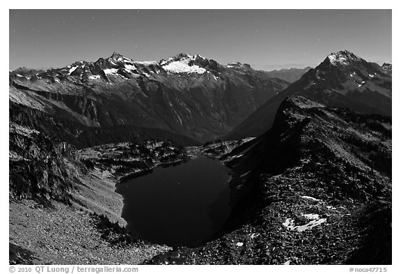 Hidden Lake under a full moonlight, North Cascades National Park.  (black and white)