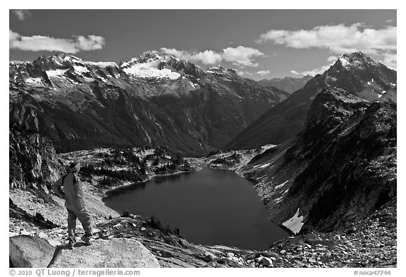 Visitor looking, Hidden Lake, North Cascades National Park.  (black and white)
