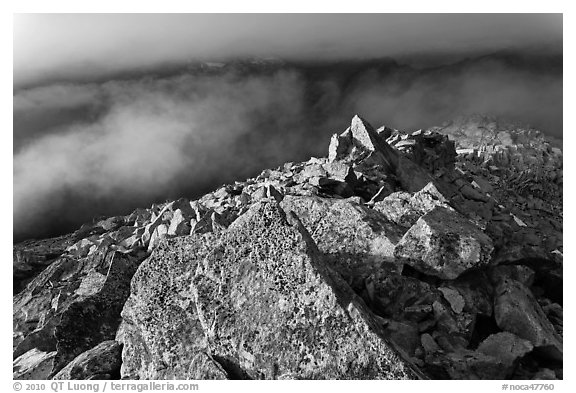 Rocky ridge and clouds, Hidden Lake Peak, North Cascades National Park.  (black and white)