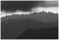 Storm clouds over layered ridges, North Cascades National Park. Washington, USA. (black and white)