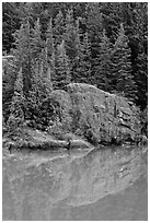 Trees and boulders reflected in Gorge Lake, North Cascades National Park Service Complex. Washington, USA. (black and white)