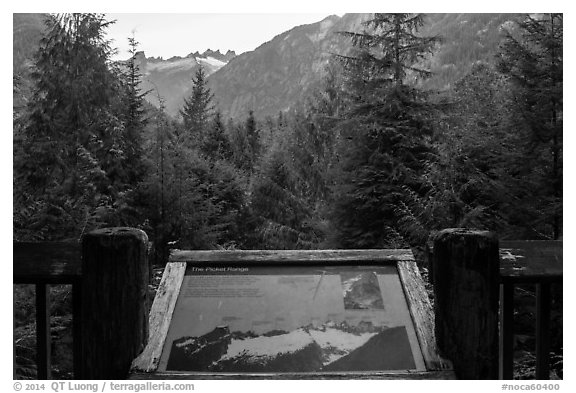 Picket Range interpretive sign, North Cascades National Park.  (black and white)