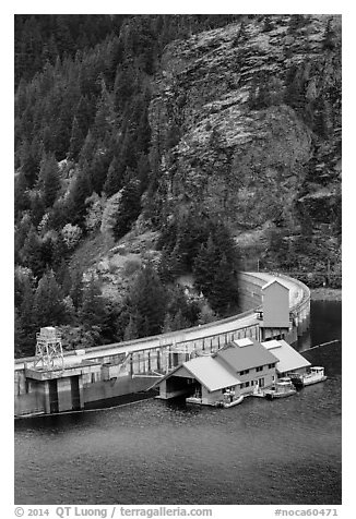 Ross Lake dam, North Cascades National Park Service Complex.  (black and white)