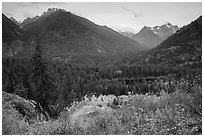 Visitor looking, McGregor Mountain above Coon Lake, North Cascades National Park Service Complex.  ( black and white)