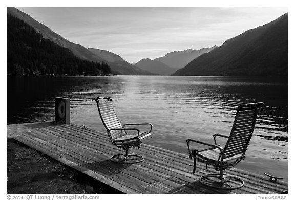 Two chairs and a buoy on deck, Lake Chelan, Stehekin, North Cascades National Park Service Complex.  (black and white)