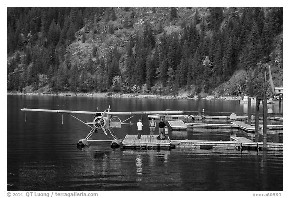 Floatplane on Lake Chelan, Stehekin, North Cascades National Park Service Complex.  (black and white)