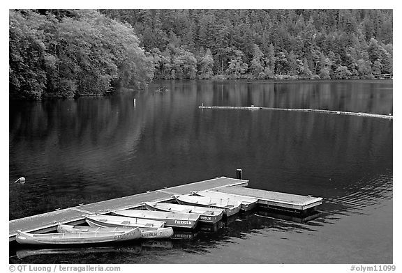 Emerald waters, pier and rowboats, Crescent Lake. Olympic National Park (black and white)