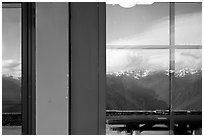 Olympic Range, Huricane Ridge Visitor Center window reflexion. Olympic National Park, Washington, USA. (black and white)