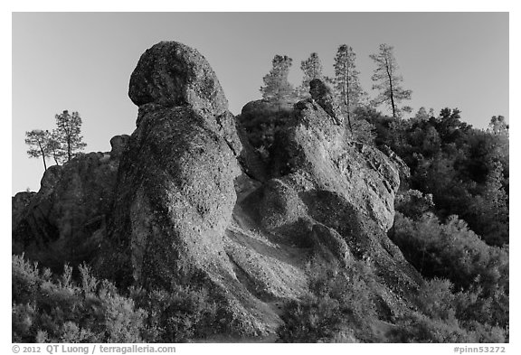 Rock monoliths on top of ridge at sunset. Pinnacles National Park (black and white)