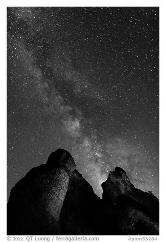 Milky Way and rocky towers. Pinnacles National Park (black and white)