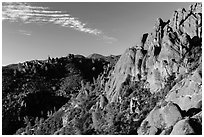 Crags raising above chapparal. Pinnacles National Park, California, USA. (black and white)