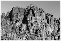 Volcanic rocks form spires and crags. Pinnacles National Park, California, USA. (black and white)