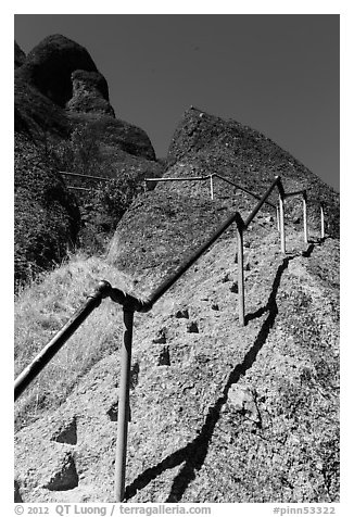 High Peaks trails with stairs carved in stone. Pinnacles National Park (black and white)