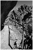 Trail on narrow ledge. Pinnacles National Park, California, USA. (black and white)
