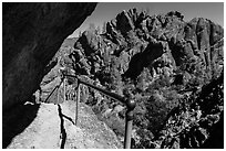 Trail passing under overhanging rock. Pinnacles National Park, California, USA. (black and white)