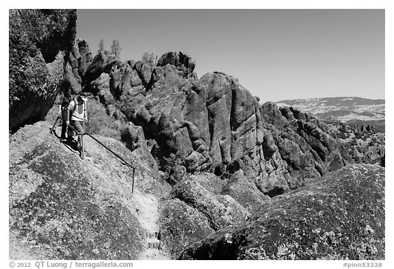 Hikers on rugged section of High Peaks trail. Pinnacles National Park (black and white)
