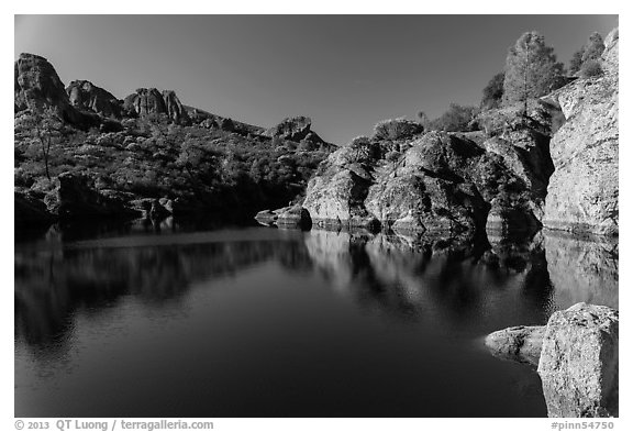 Early morning reflections, Bear Gulch Reservoir. Pinnacles National Park (black and white)